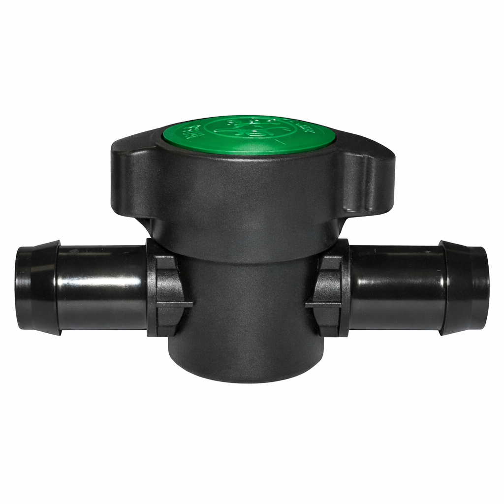 Heavy-duty 19mm barbed inline tap valves for hydroponic reservoir lines and main water supply pipes.
